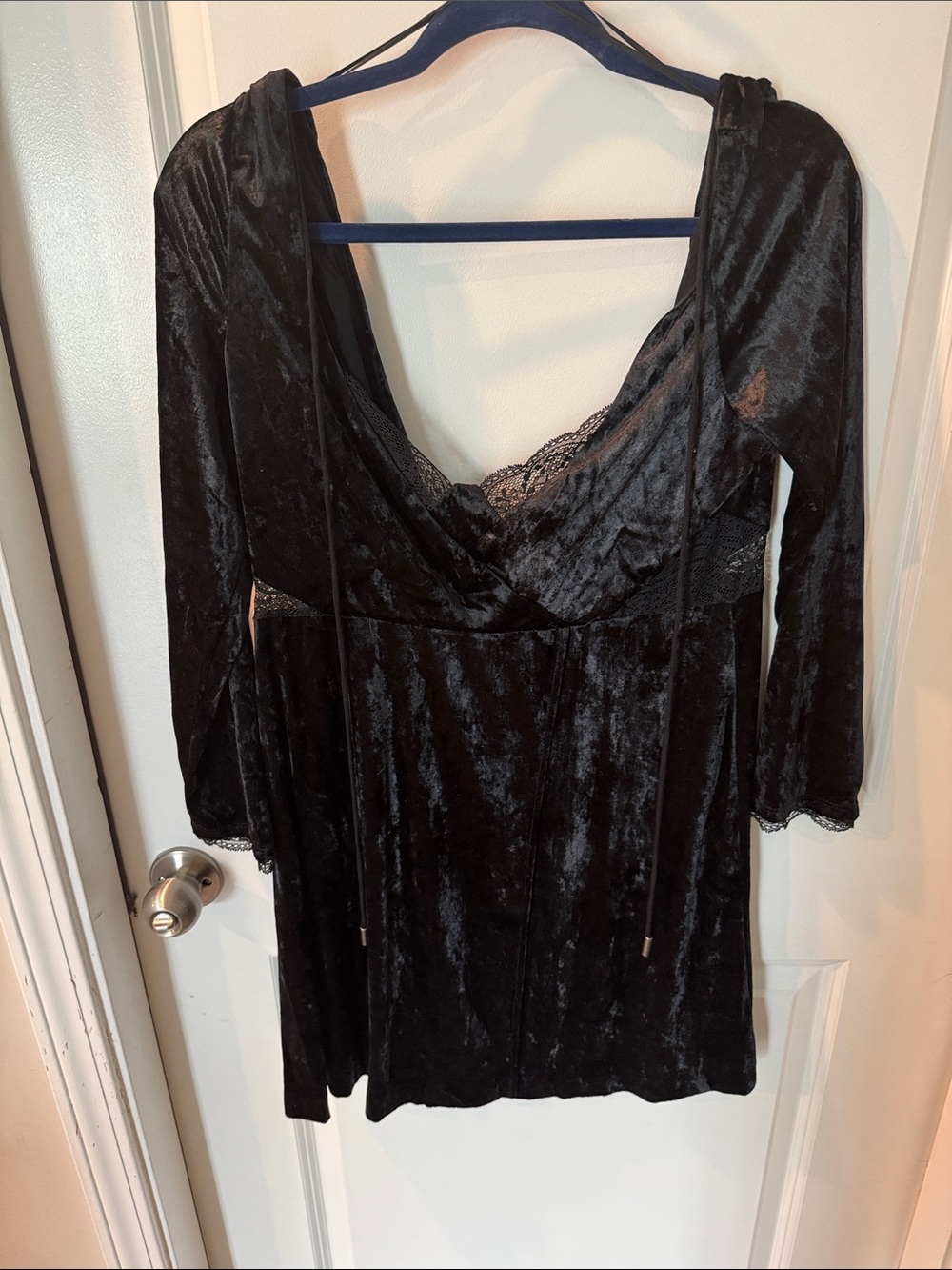 Free People Black Velvet V-Neck Lace Trim Dress